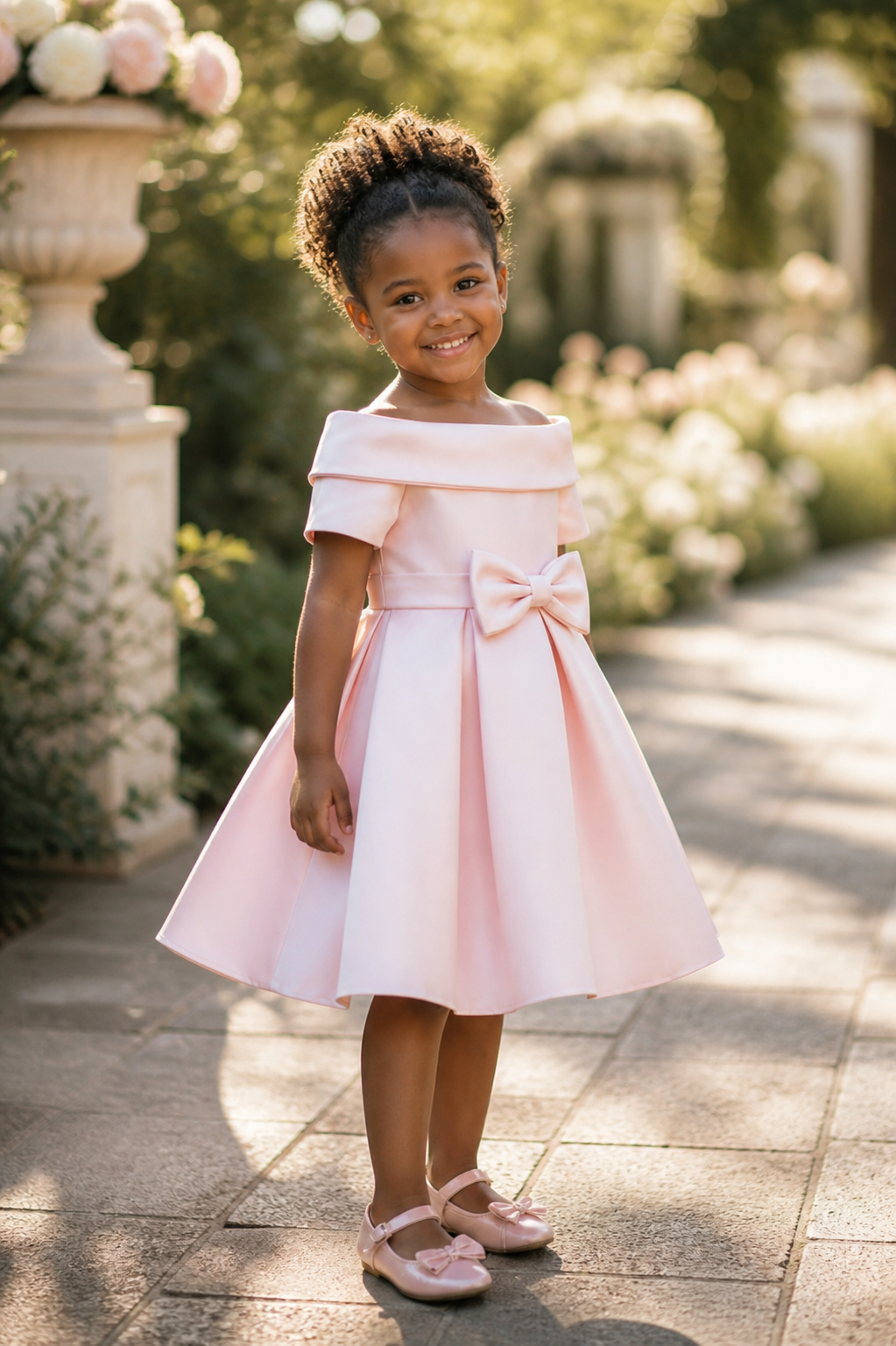 Blush satin bow flower girl dress